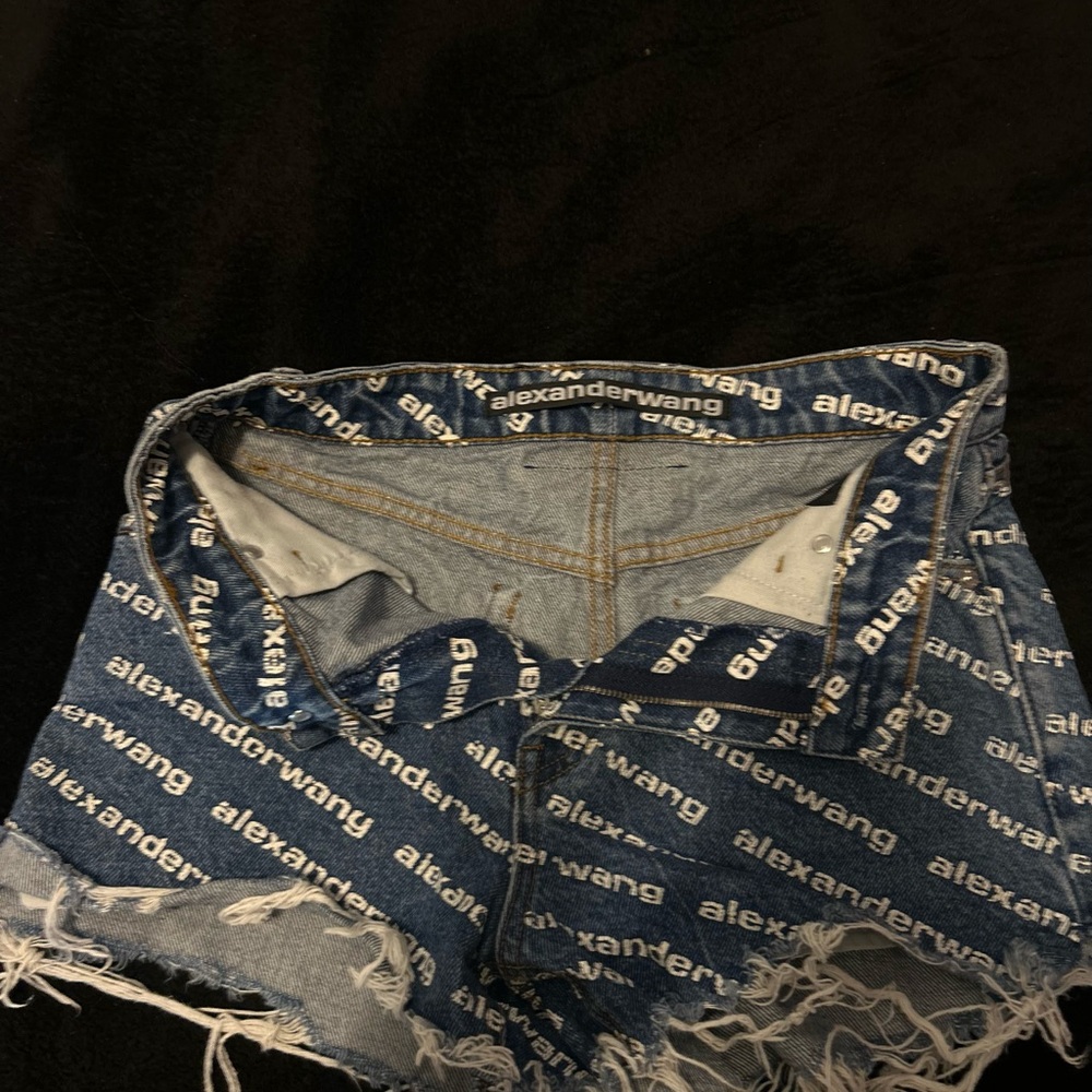 Alexander Wang Navy Logo-Print Distressed Denim Shorts - Picture 2 of 4